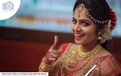 A radiant bride expressing happiness in her wedding attire.