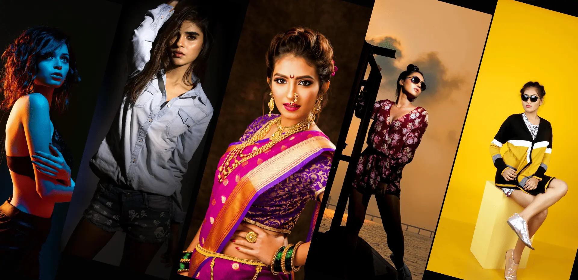 Collage of five women in different outfits: dramatic lighting, casual wear, traditional saree, floral romper, and sporty attire against a yellow background.