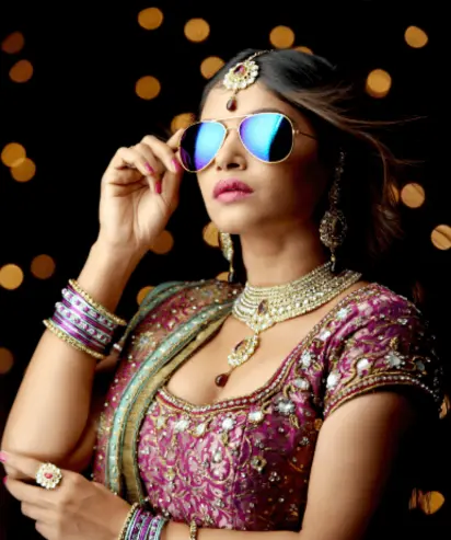 A woman wearing sunglasses and traditional Indian attire, adorned with jewelry, poses confidently against a backdrop of soft lights.