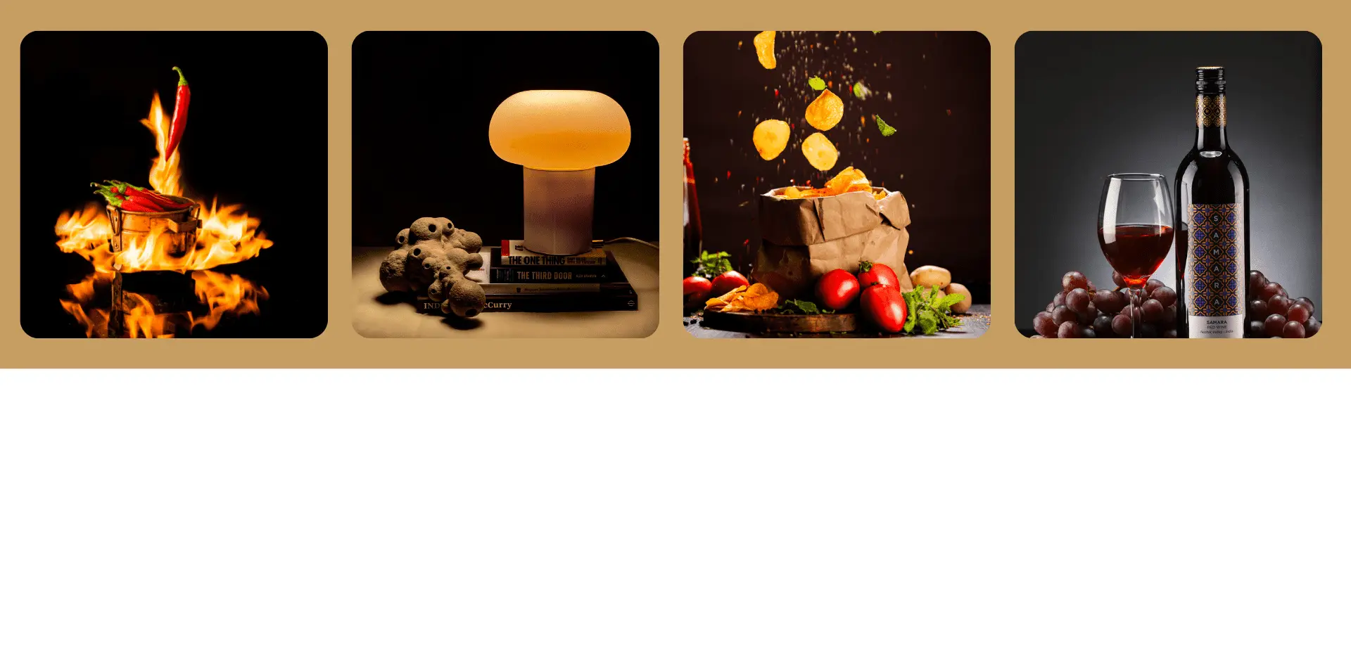 A collage of four images: fiery chili peppers, a stylish lamp with books, a bag of chips with vegetables, and a bottle of wine with grapes.