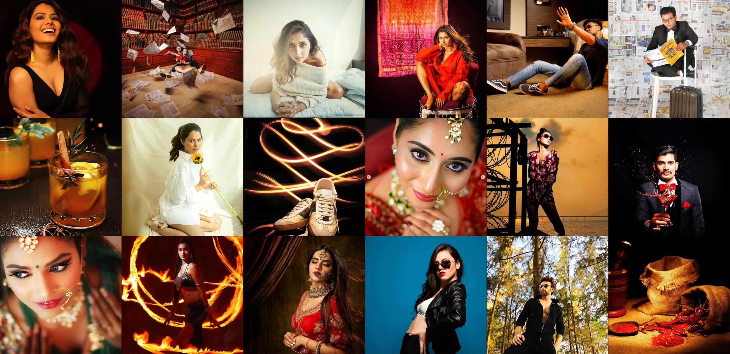 Collage of 18 diverse student portfolio shoots including fashion, wedding, and food photography from the One-Year Master's Program at MDPS Mumbai.