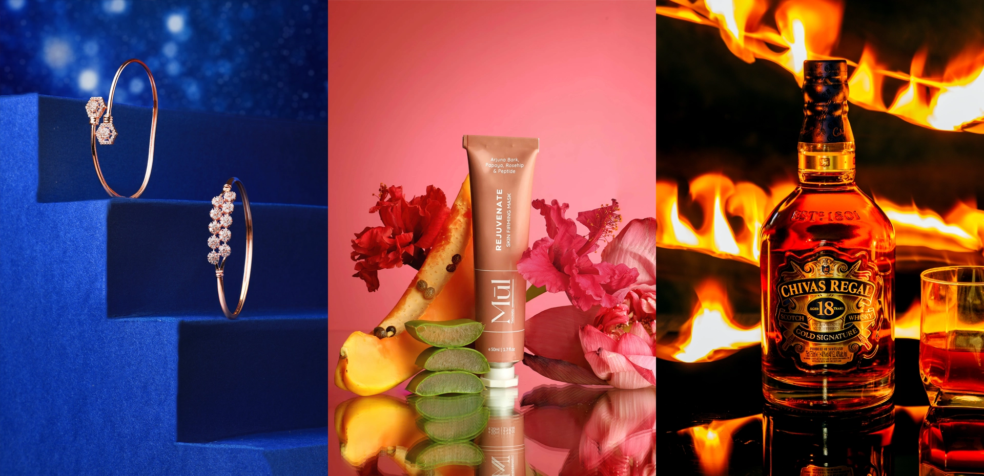 Product photography course student portfolio showcasing gold jewelry, organic cosmetics, and a whisky bottle set against dramatic flames, captured during practical studio sessions at MDPS Mumbai.